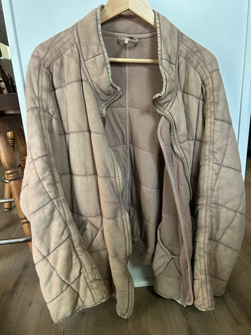 Free People Quilted Taupe Zip-Front Jacket Dolman jacket